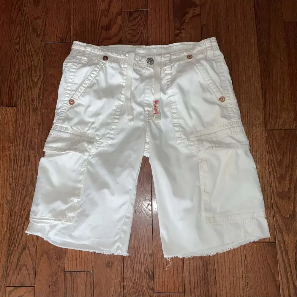 True Religion White Cargo Shorts Size 33 Y2K Utility Skater Streetwear